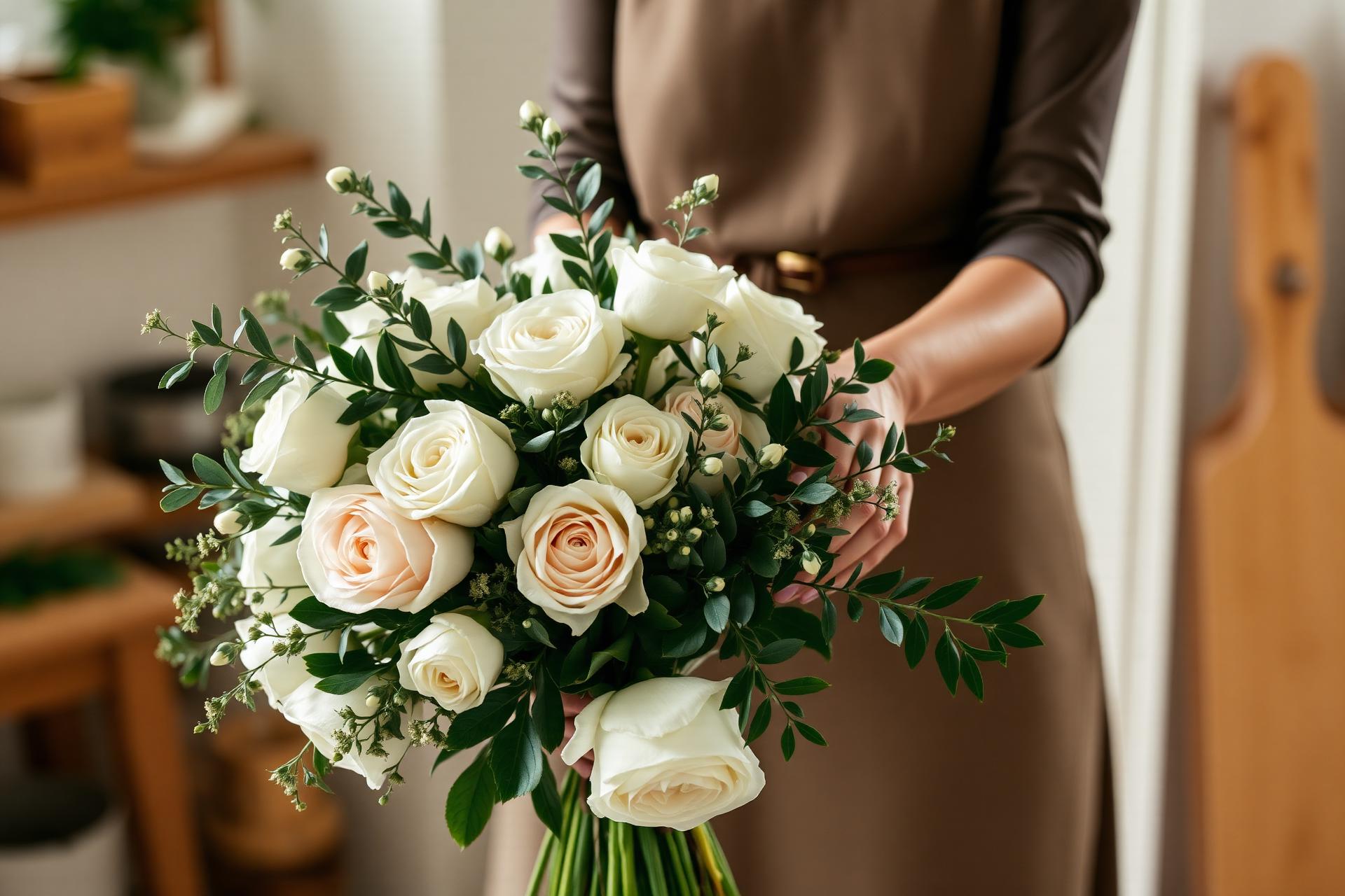 Fleuriste composant un bouquet de roses blanches et d'eucalyptus