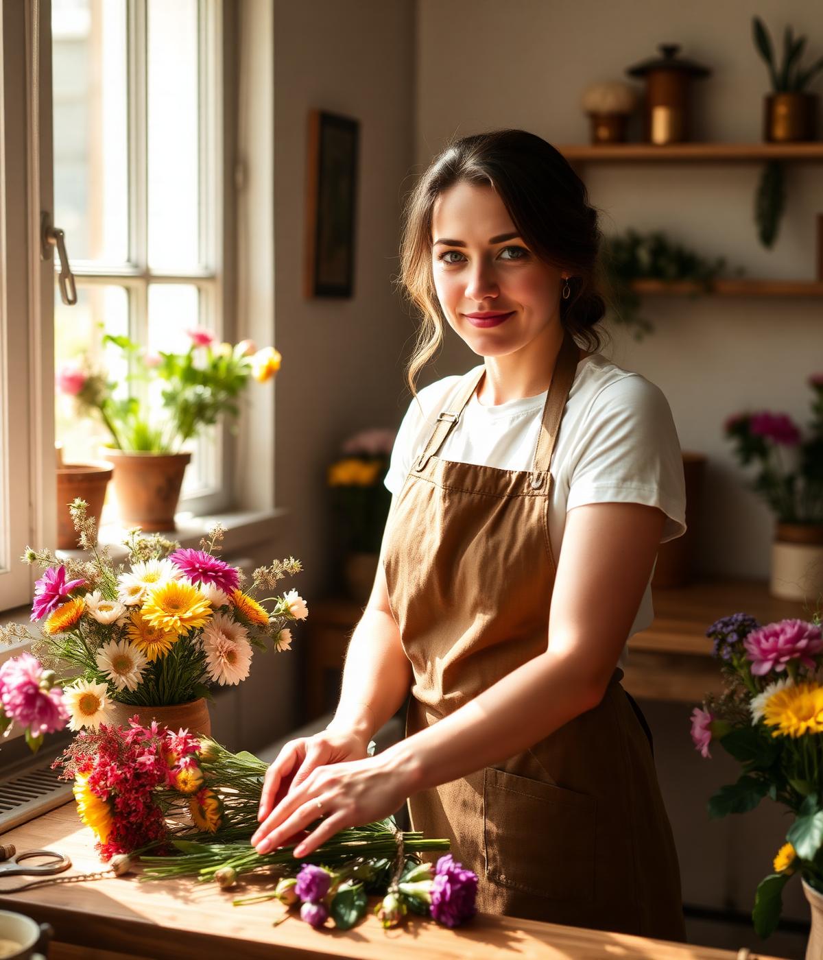 Portrait de la fleuriste dans son atelier baigné de lumière